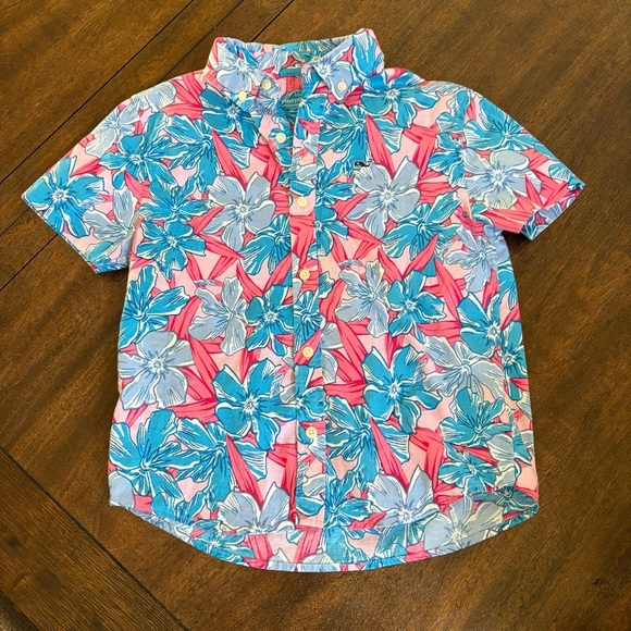 Vineyard Vines Boy 7  Floral Print SS Button Whale Logo Shirt Stretch EUC - Picture 1 of 10